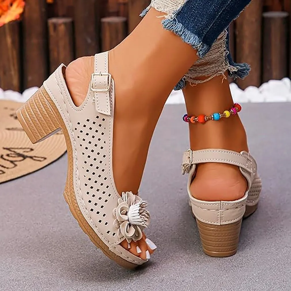 Buckled Square Heel Sandals for Women, Womens Peep Toe Slingback Low Chunky Heeled Dress Sandals Wedge Shoes Dressy