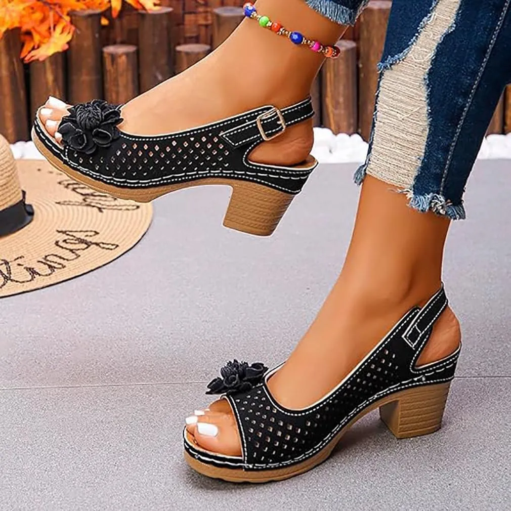 Buckled Square Heel Sandals for Women, Womens Peep Toe Slingback Low Chunky Heeled Dress Sandals Wedge Shoes Dressy