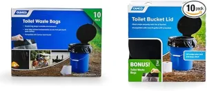 Camco Double Bag Portable Toilet Waste Bags (41548) Bucket Toilet Seat (41546) | Black