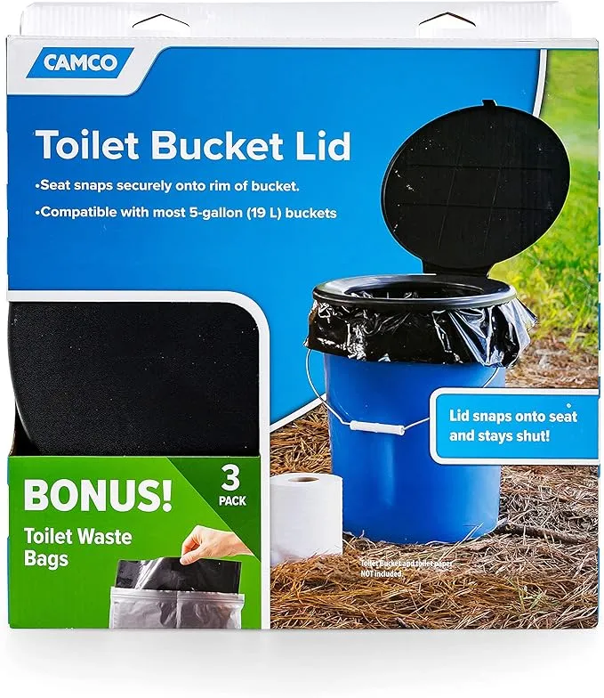 Camco Double Bag Portable Toilet Waste Bags (41548) Bucket Toilet Seat (41546) | Black