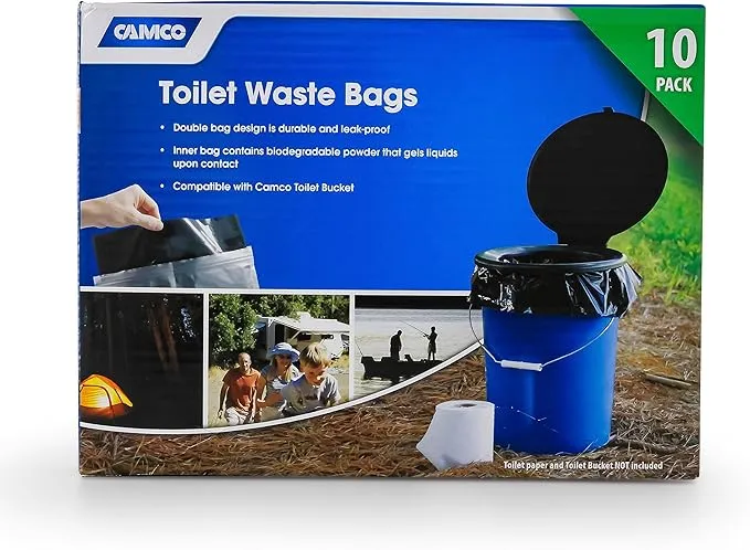 Camco Double Bag Portable Toilet Waste Bags (41548) Bucket Toilet Seat (41546) | Black