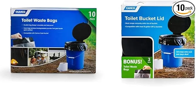 Camco Double Bag Portable Toilet Waste Bags (41548) Bucket Toilet Seat (41546) | Black
