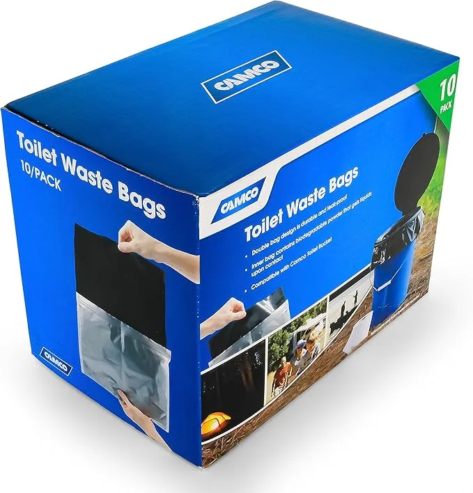 Camco Double Bag Portable Toilet Waste Bags (41548) Bucket Toilet Seat (41546) | Black