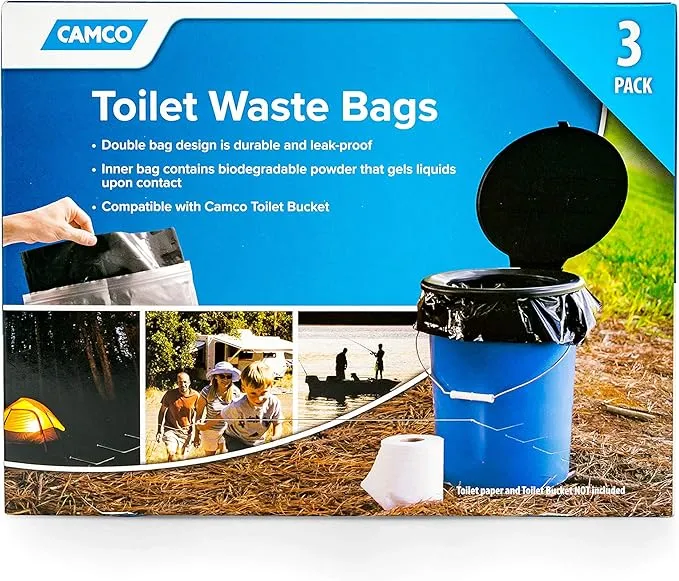 Camco Toilet Waste Bags - Durable Double Bag Design is Leak-Proof - Inner Bag Gels Any Liquid - Great for Camping, Hiking and Hunting and More - 3 Pack (41547)
