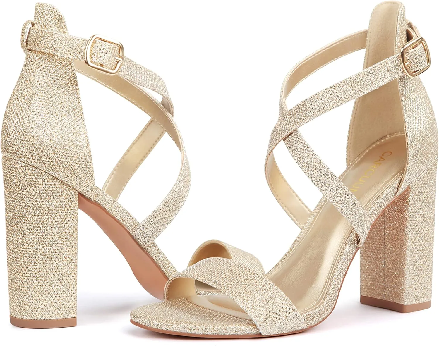 Carcuume Women's Strappy Heels 4-inch Chunky Block Heel Open Toe Ankle Strap Comfortable Party Wedding Shoes