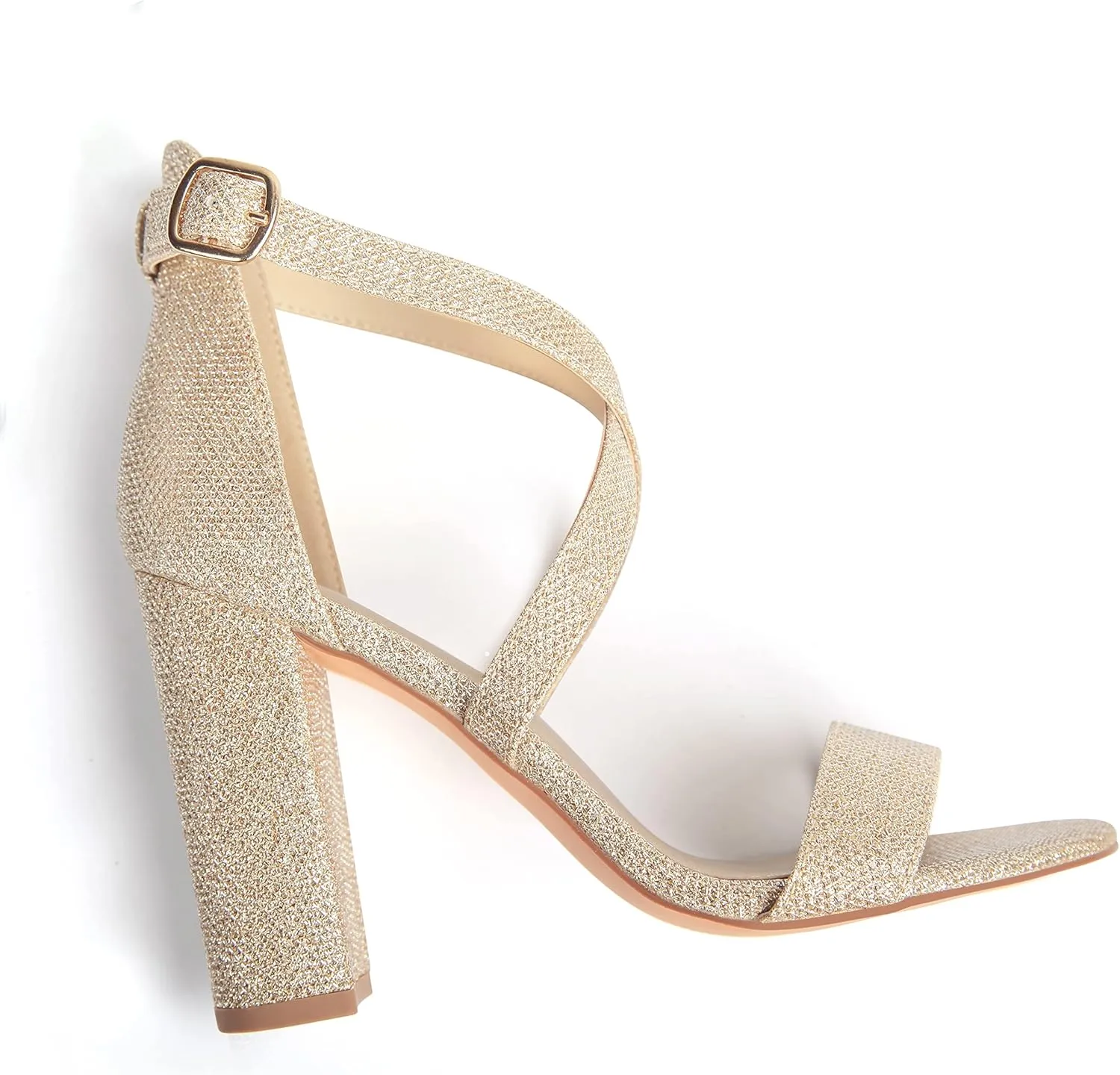 Carcuume Women's Strappy Heels 4-inch Chunky Block Heel Open Toe Ankle Strap Comfortable Party Wedding Shoes