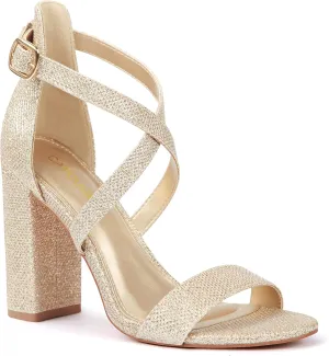 Carcuume Women's Strappy Heels 4-inch Chunky Block Heel Open Toe Ankle Strap Comfortable Party Wedding Shoes