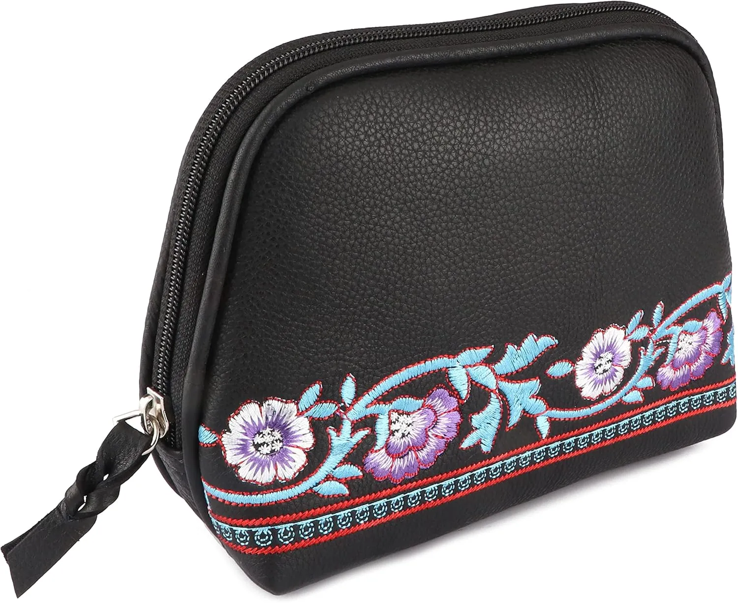CHALLENGER Women's Black Leather Floral Embroidered Zippered Makeup Cosmetic Bag 18BT06BK