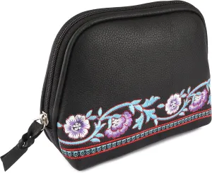 CHALLENGER Women's Black Leather Floral Embroidered Zippered Makeup Cosmetic Bag 18BT06BK