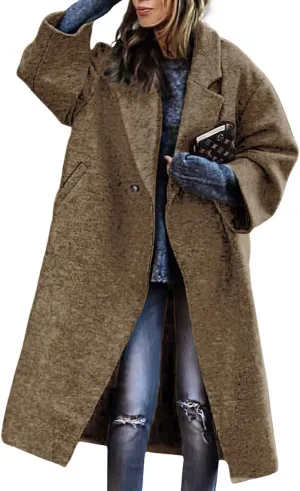 chouyatou Women's Winter Double Breasted Midi Long Wool Coat Notch Lapel Dressy Casual Winter Trench Coat