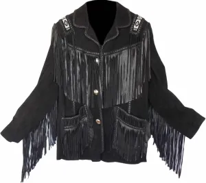 Classyak Men's Western Cowboy Suede Leather Fringed & Beaded Jacket