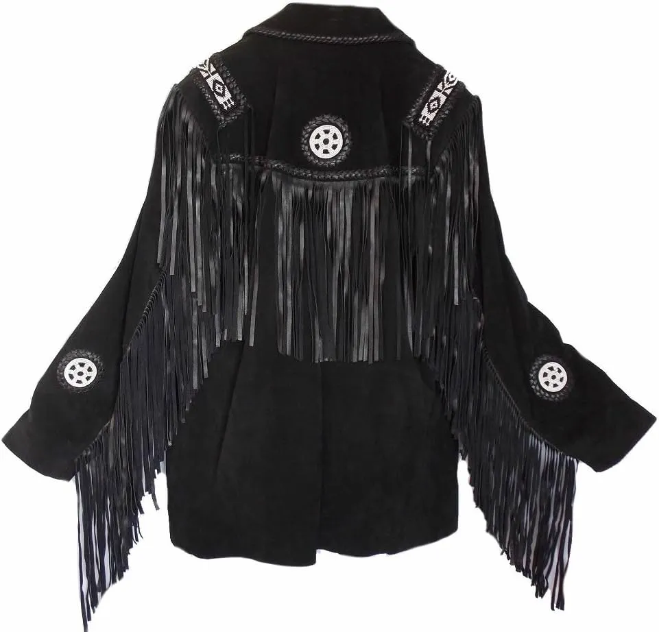 Classyak Men's Western Cowboy Suede Leather Fringed & Beaded Jacket