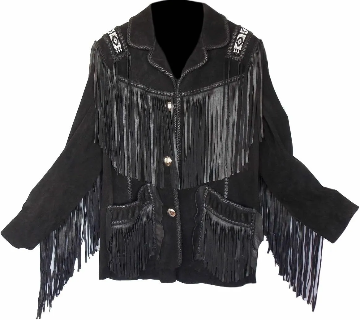 Classyak Men's Western Cowboy Suede Leather Fringed & Beaded Jacket