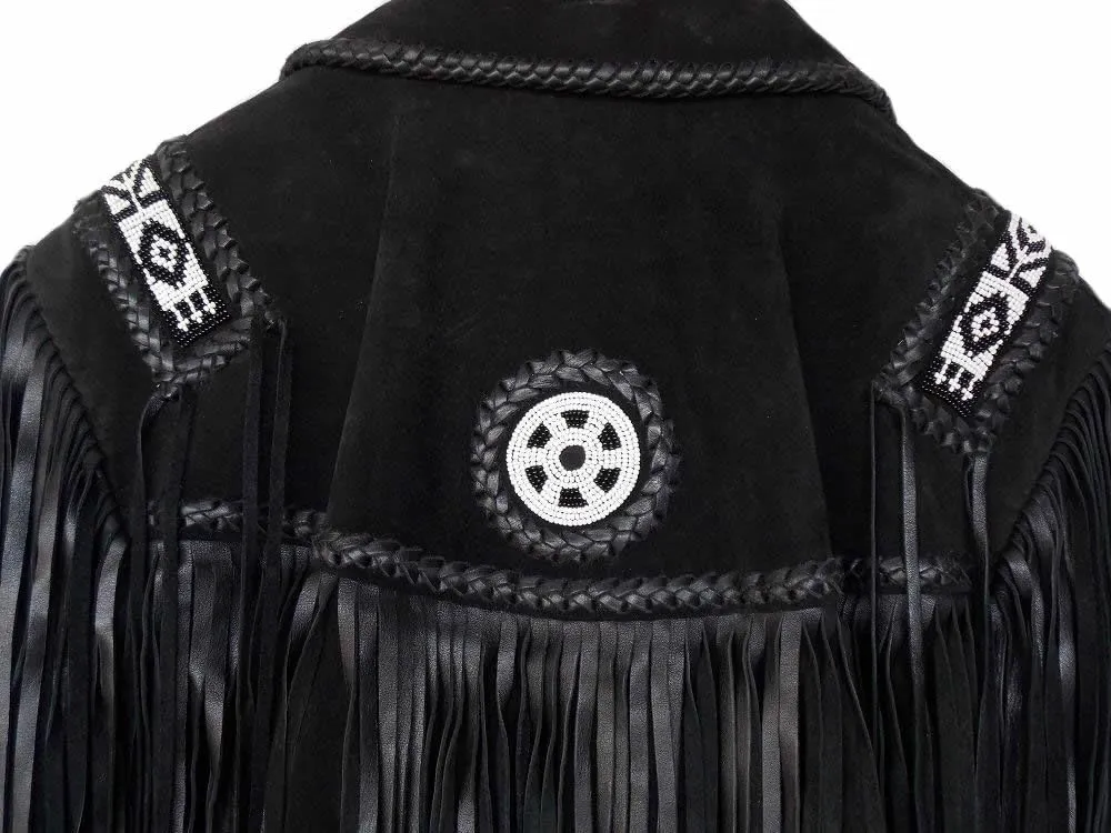Classyak Men's Western Cowboy Suede Leather Fringed & Beaded Jacket