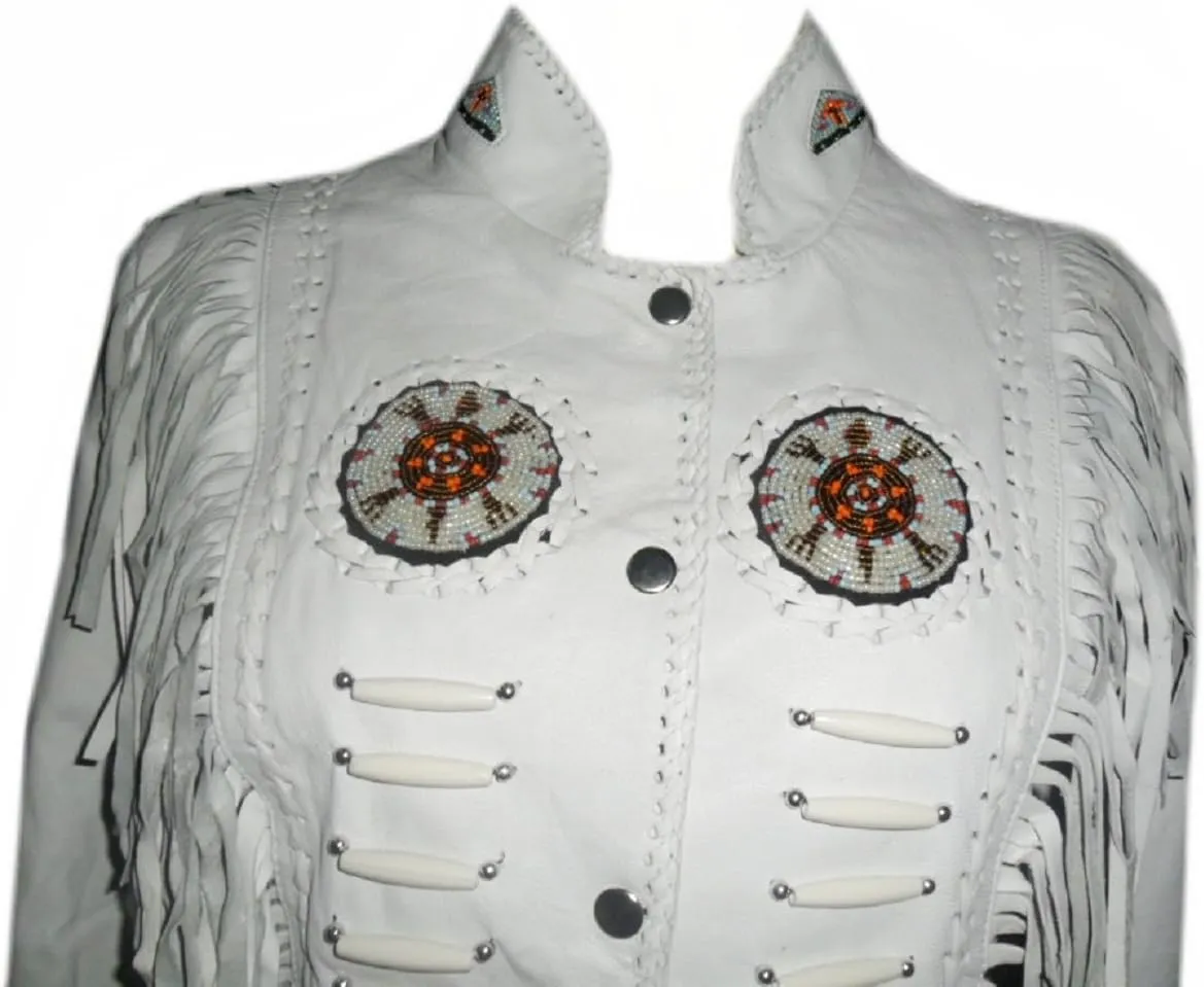 Classyak Women Western Leather Jacket, Fringed & Bones
