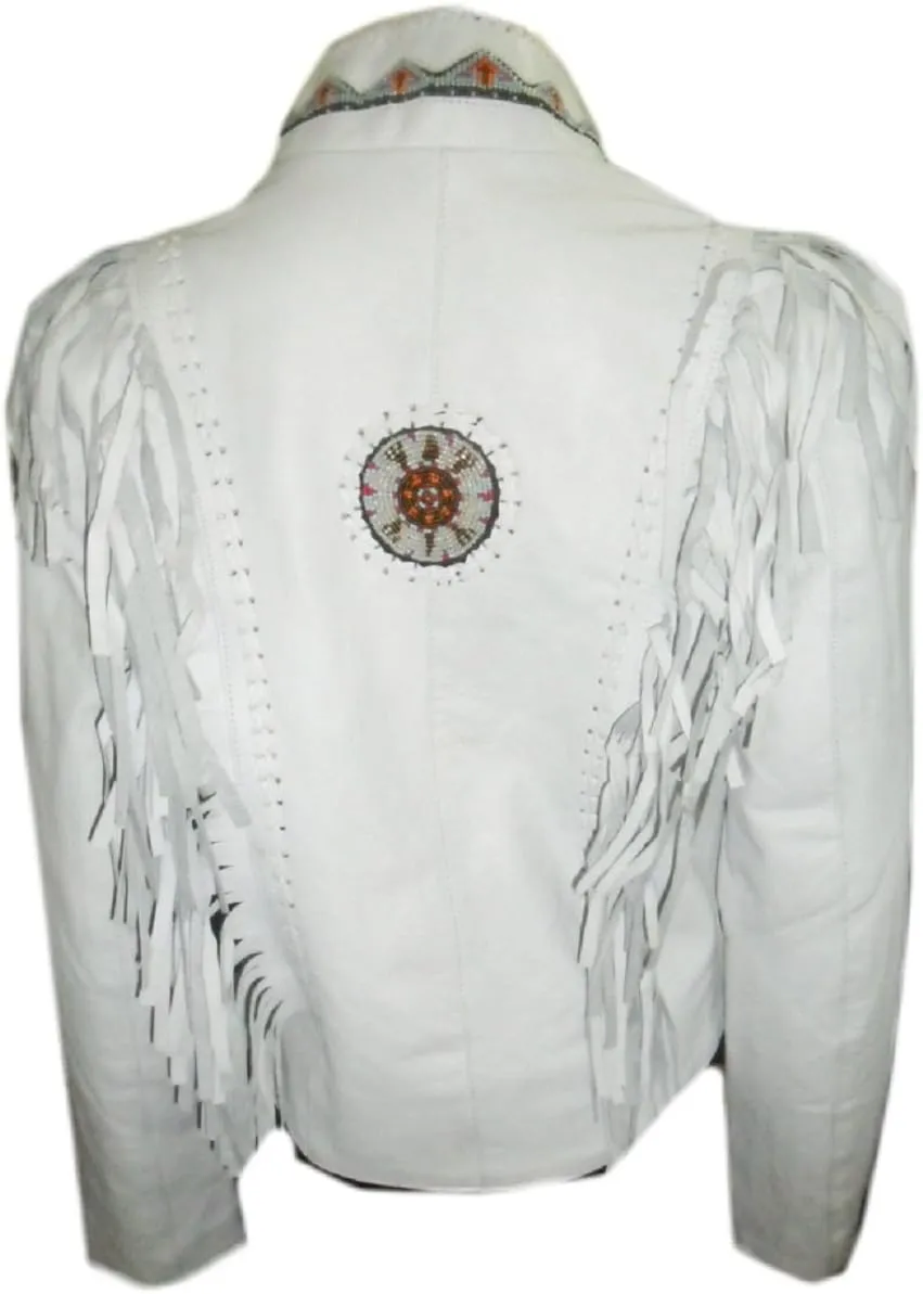 Classyak Women Western Leather Jacket, Fringed & Bones
