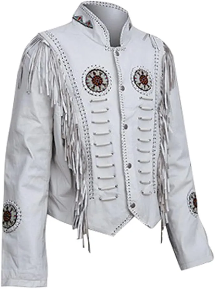 Classyak Women Western Leather Jacket, Fringed & Bones