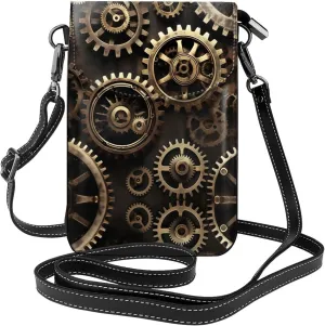 Cool Steampunk Gears Crossbody Bag For Women Leather Cellphone Shoulder Purses Fashion Travel Designer Wallet, Black