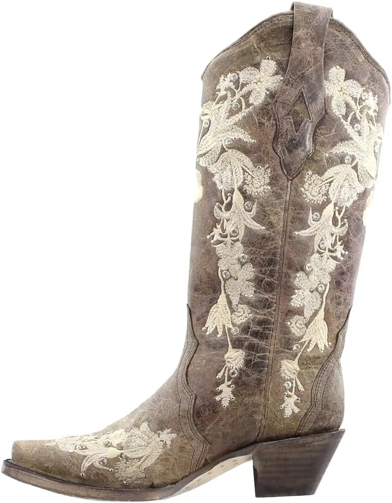 Corral Boots Womens Floral Rhinestone Embroidered Snip Toe Casual Boots Mid Calf Mid Heel 2-3" - Brown