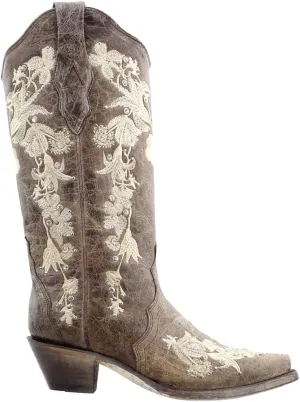 Corral Boots Womens Floral Rhinestone Embroidered Snip Toe Casual Boots Mid Calf Mid Heel 2-3" - Brown