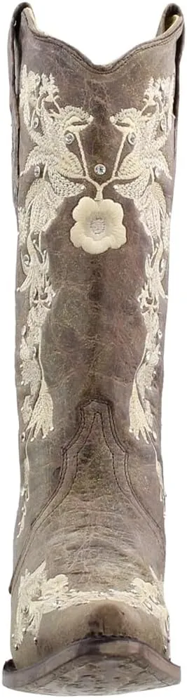 Corral Boots Womens Floral Rhinestone Embroidered Snip Toe Casual Boots Mid Calf Mid Heel 2-3" - Brown