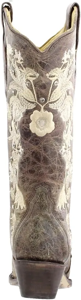 Corral Boots Womens Floral Rhinestone Embroidered Snip Toe Casual Boots Mid Calf Mid Heel 2-3" - Brown