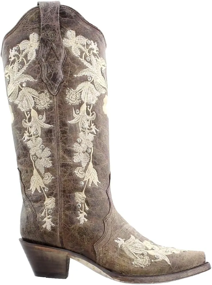 Corral Boots Womens Floral Rhinestone Embroidered Snip Toe Casual Boots Mid Calf Mid Heel 2-3" - Brown