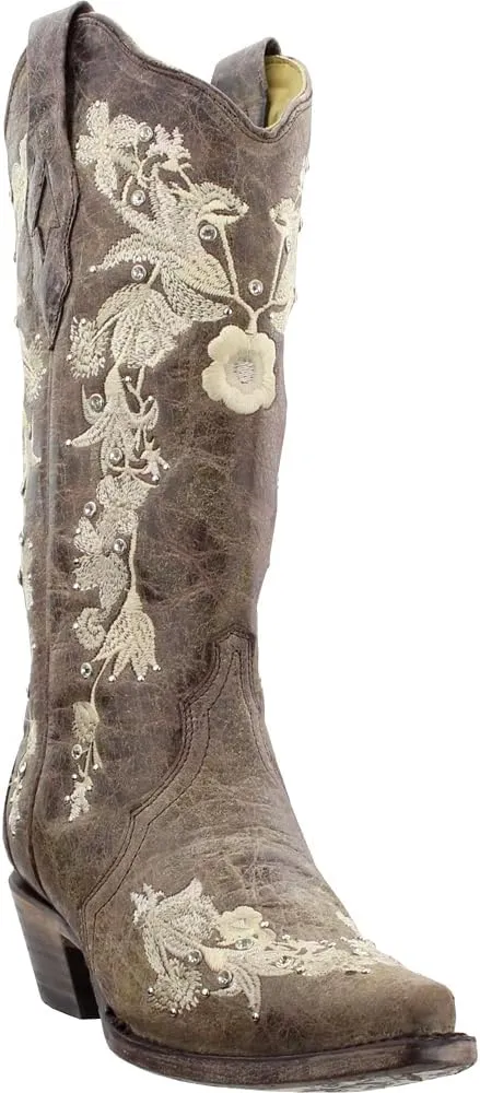 Corral Boots Womens Floral Rhinestone Embroidered Snip Toe Casual Boots Mid Calf Mid Heel 2-3" - Brown