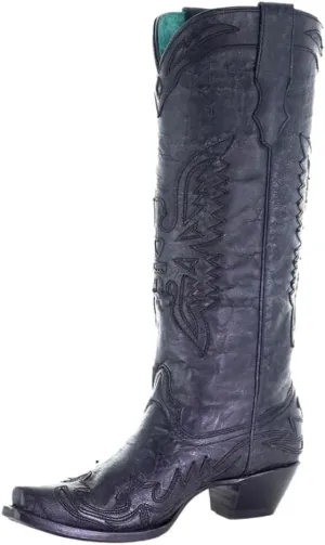 CORRAL LADIE'S VINTAGE SOLID BLACK TALL EAGLE OVERLAY, SNIP TOE, LEATHER SOLE, WESTERN, A4047
