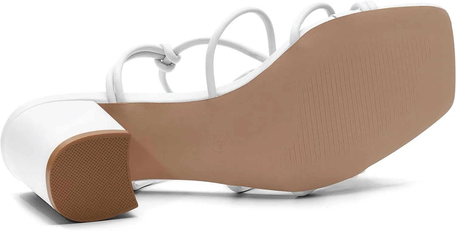 Coutgo Women's Chunky Heel Sandals Lace Up Heels Square Toe Strappy Straps Party Shoes