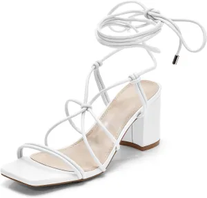Coutgo Women's Chunky Heel Sandals Lace Up Heels Square Toe Strappy Straps Party Shoes