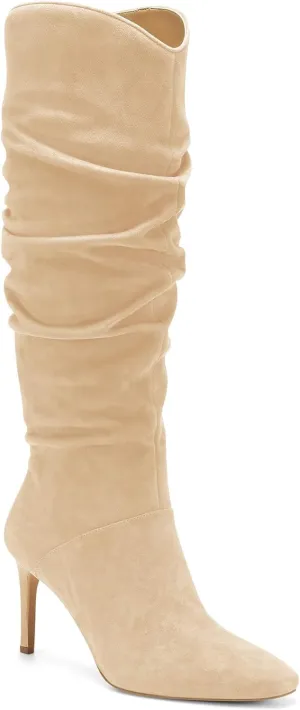 Coutgo Womens Knee High Boots Faux Suede Almond Toe Stiletto High Heel Slouchy Side Zipper Booties