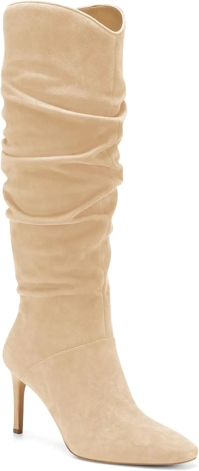 Coutgo Womens Knee High Boots Faux Suede Almond Toe Stiletto High Heel Slouchy Side Zipper Booties