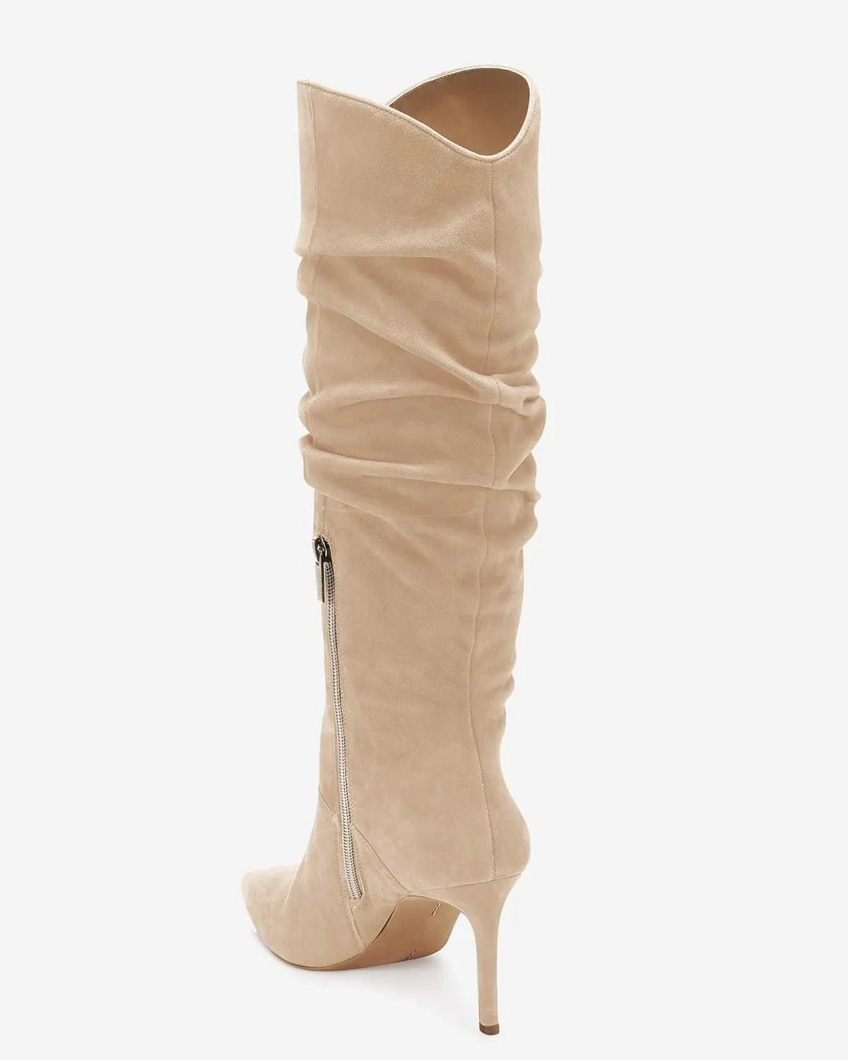Coutgo Womens Knee High Boots Faux Suede Almond Toe Stiletto High Heel Slouchy Side Zipper Booties