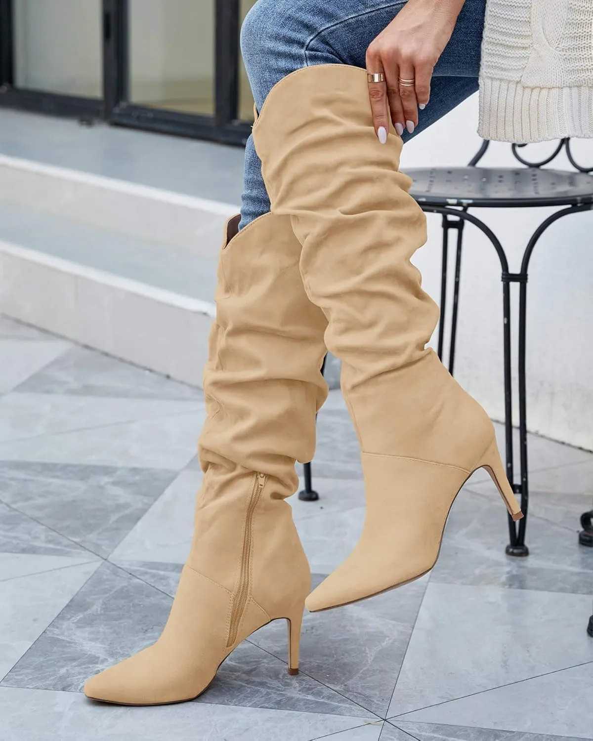 Coutgo Womens Knee High Boots Faux Suede Almond Toe Stiletto High Heel Slouchy Side Zipper Booties
