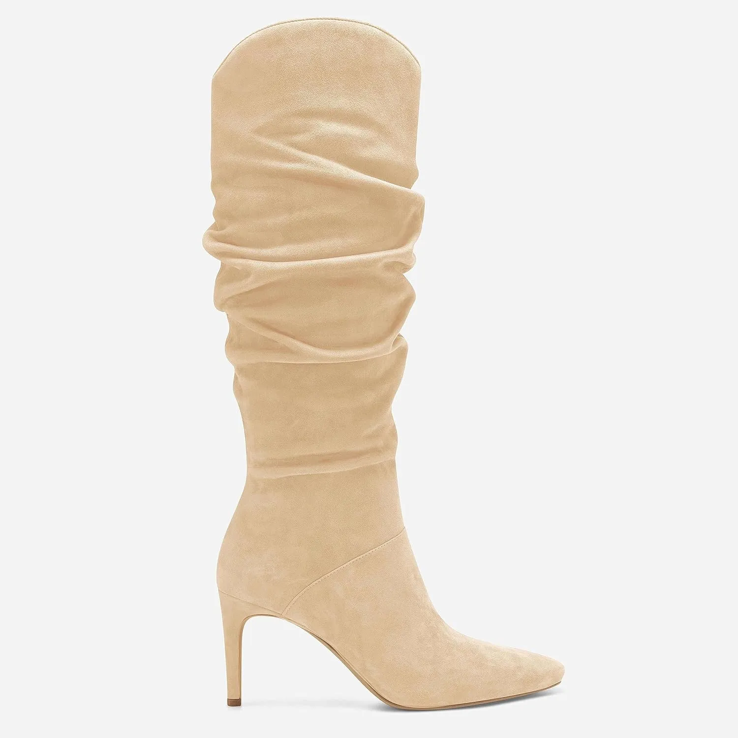 Coutgo Womens Knee High Boots Faux Suede Almond Toe Stiletto High Heel Slouchy Side Zipper Booties
