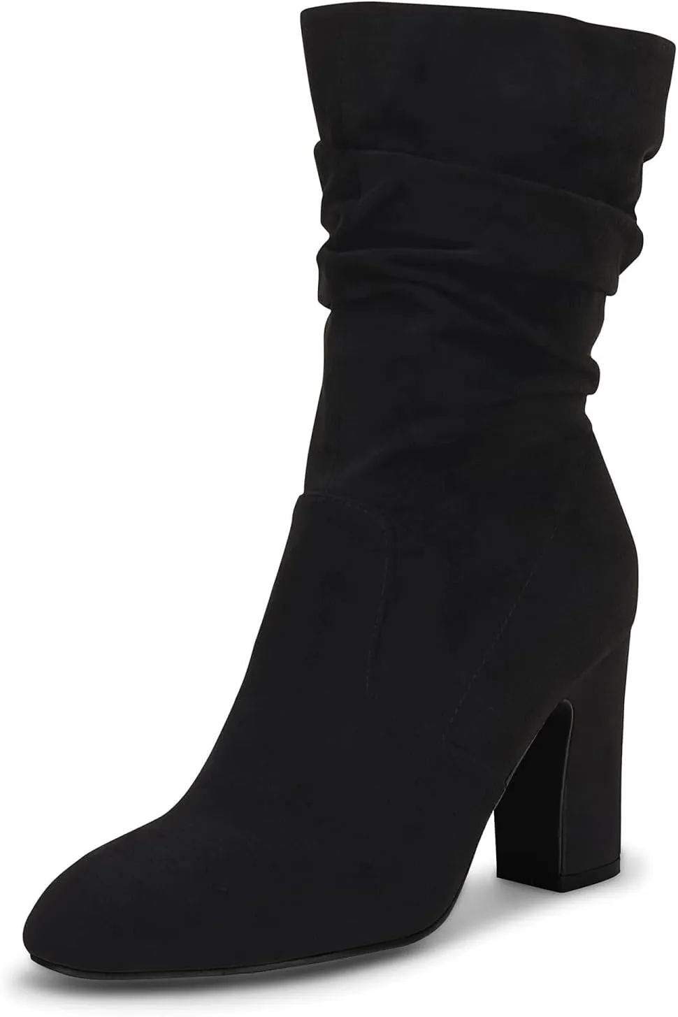 Coutgo Women's Mid Calf Slouchy Boots Suede High Heel Zip Stacked Chunky Block Round Toe Booties