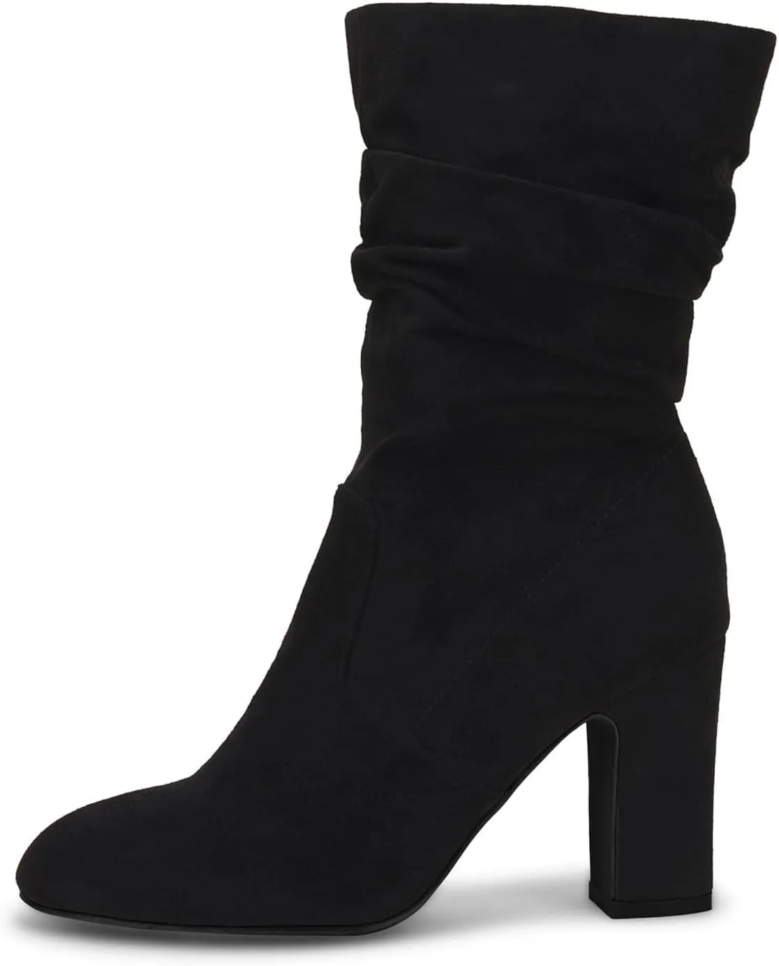 Coutgo Women's Mid Calf Slouchy Boots Suede High Heel Zip Stacked Chunky Block Round Toe Booties