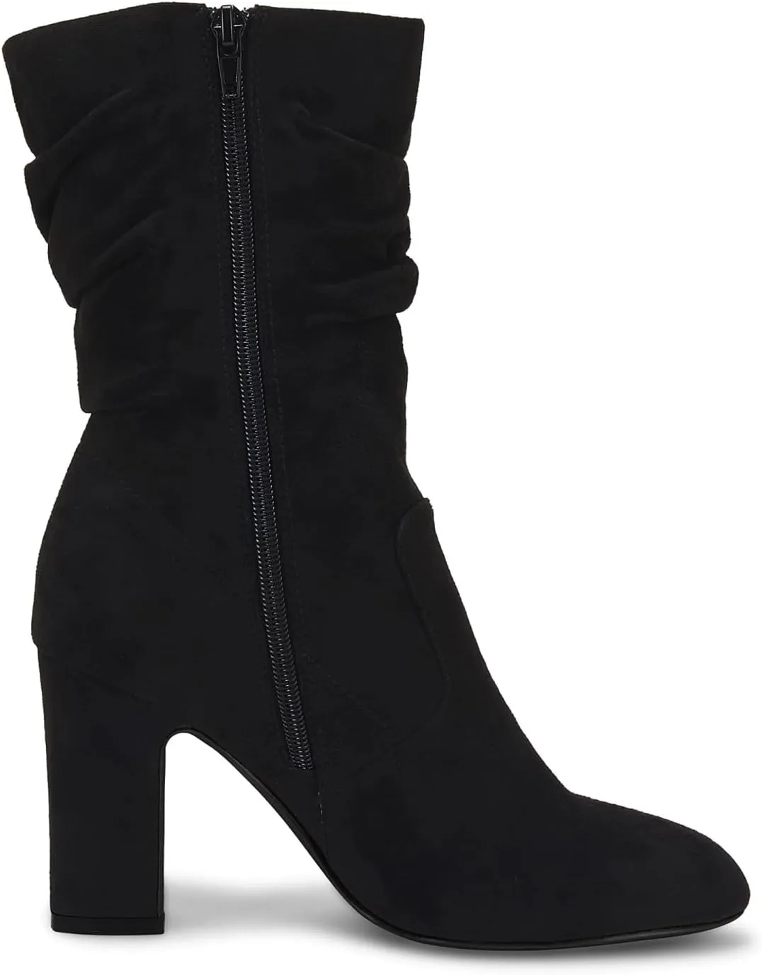 Coutgo Women's Mid Calf Slouchy Boots Suede High Heel Zip Stacked Chunky Block Round Toe Booties