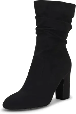 Coutgo Women's Mid Calf Slouchy Boots Suede High Heel Zip Stacked Chunky Block Round Toe Booties