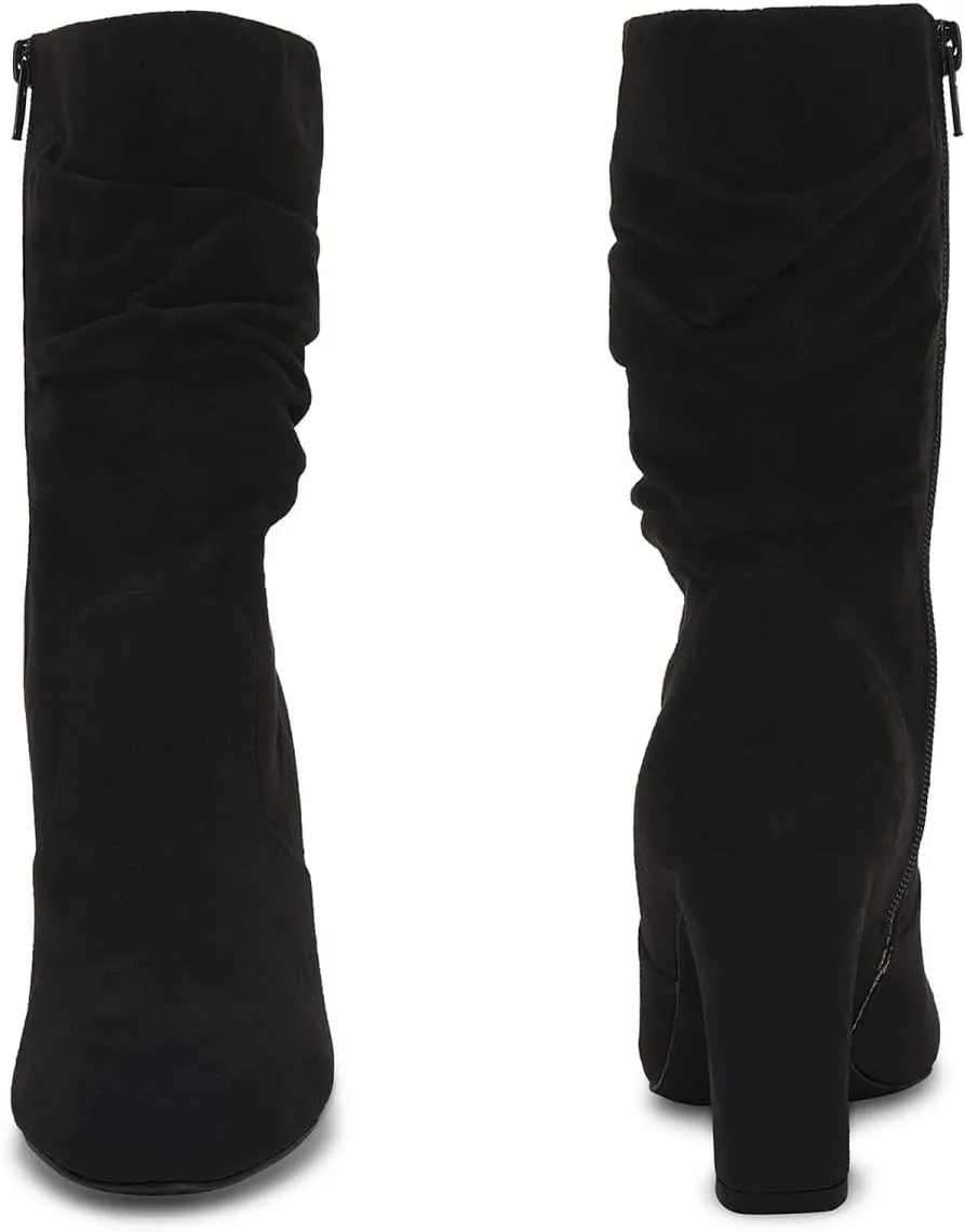 Coutgo Women's Mid Calf Slouchy Boots Suede High Heel Zip Stacked Chunky Block Round Toe Booties