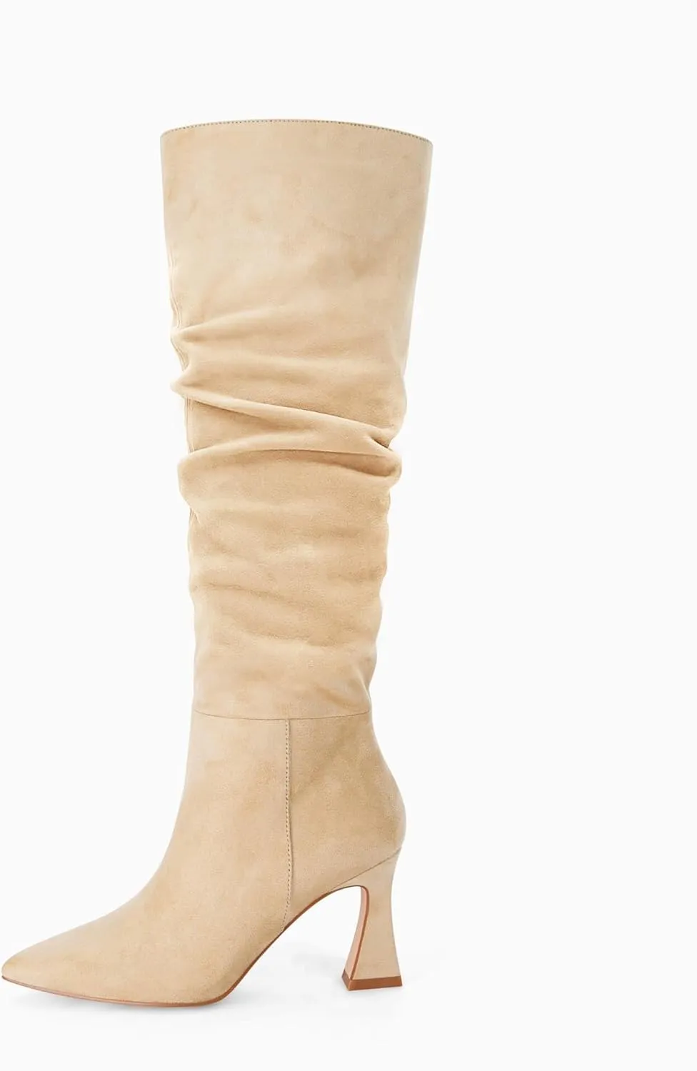 Coutgo Women's Slouchy Knee High Boots Wide Calf Pointed Toe Side Zipper Chunky Heel Long Boots Winter Shoes