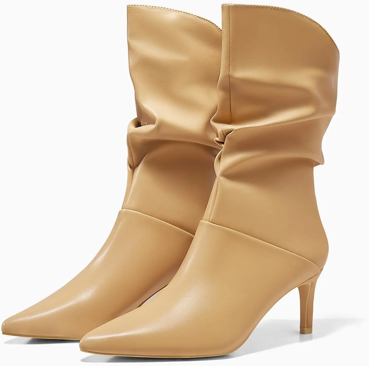 Coutgo Womens Slouchy Mid Calf Boots Stiletto High Heel Leather Booties Pointed Toe Pull on Fall Winter Shoes