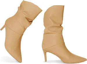 Coutgo Womens Slouchy Mid Calf Boots Stiletto High Heel Leather Booties Pointed Toe Pull on Fall Winter Shoes