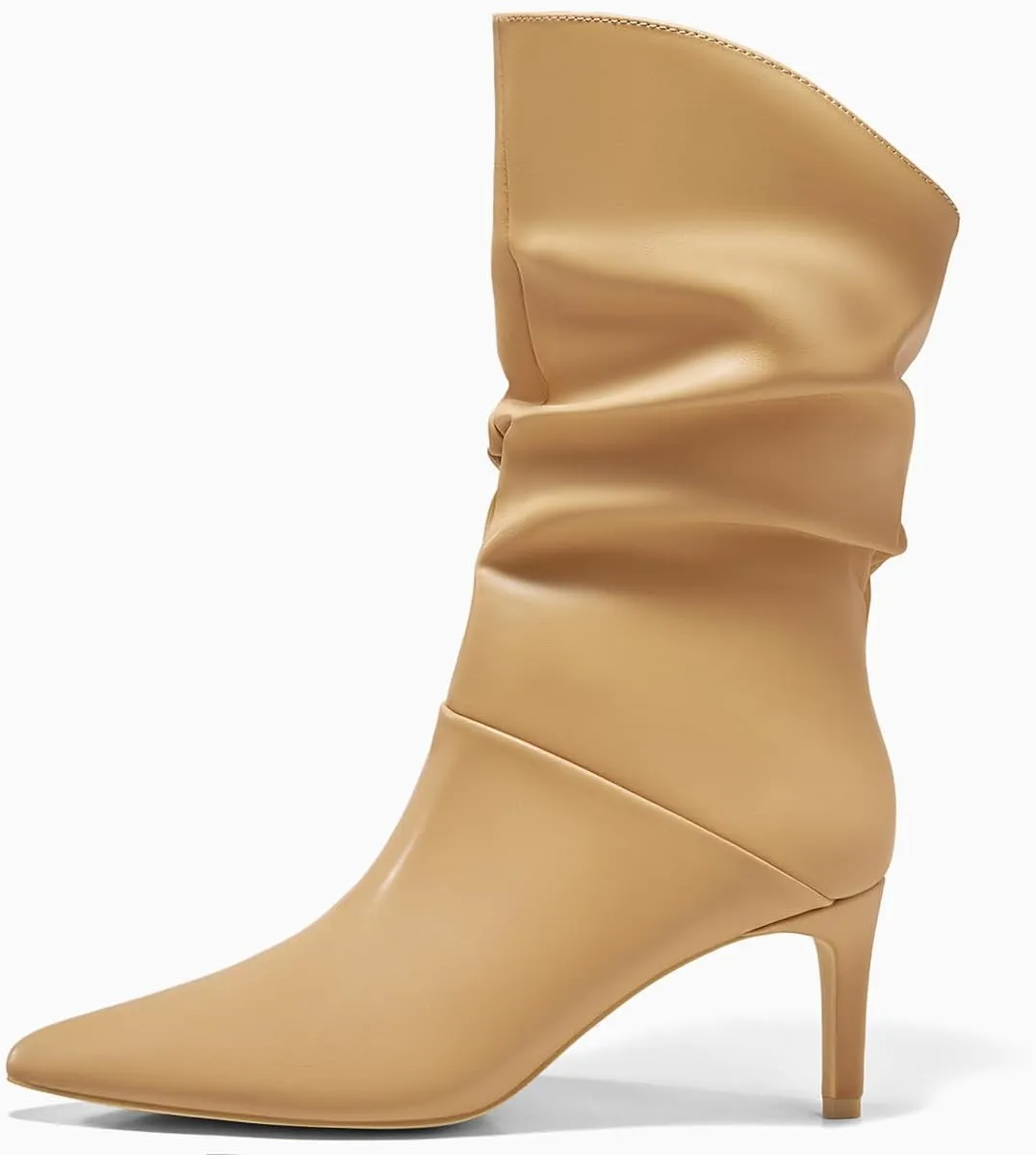 Coutgo Womens Slouchy Mid Calf Boots Stiletto High Heel Leather Booties Pointed Toe Pull on Fall Winter Shoes