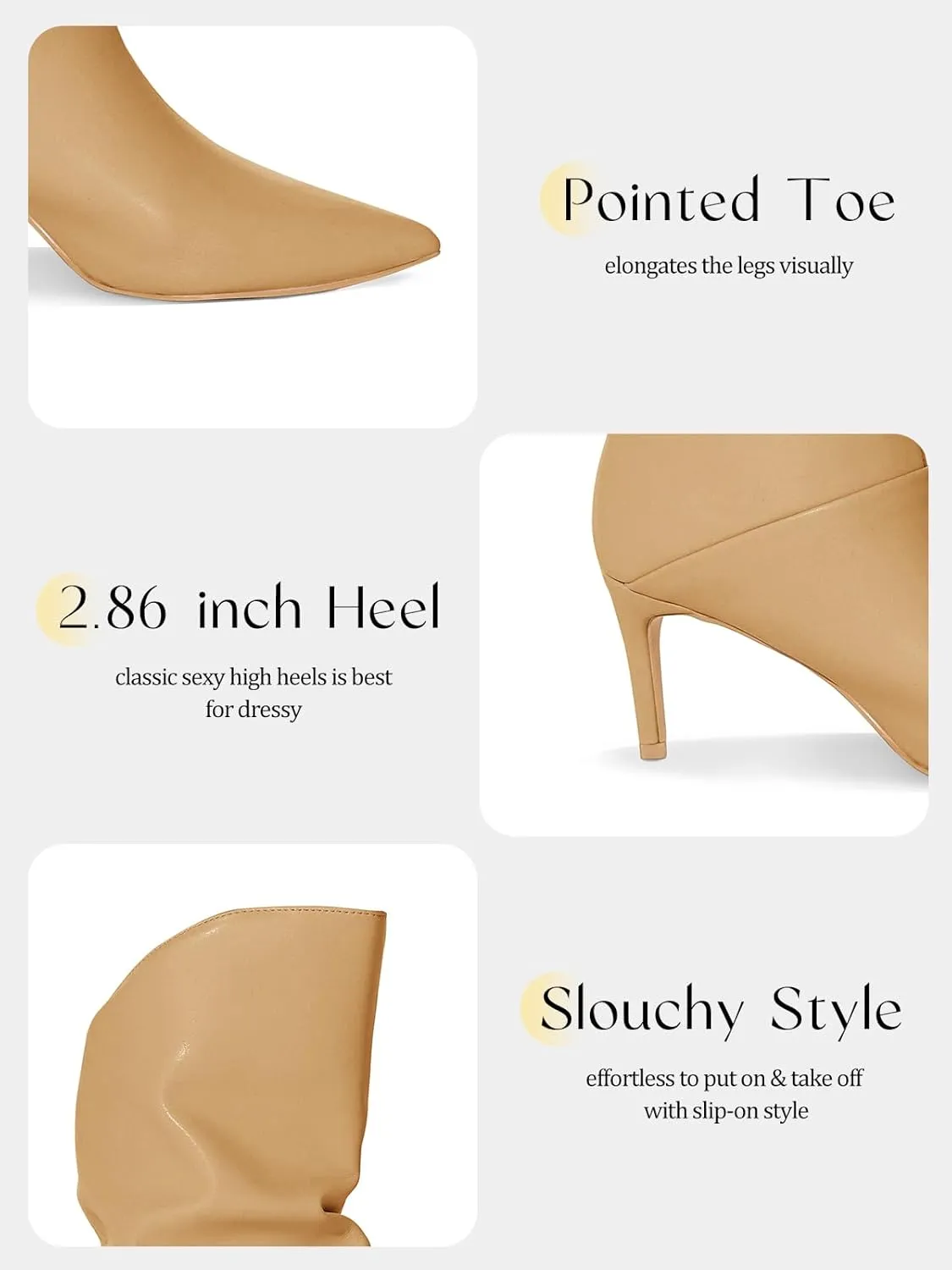 Coutgo Womens Slouchy Mid Calf Boots Stiletto High Heel Leather Booties Pointed Toe Pull on Fall Winter Shoes