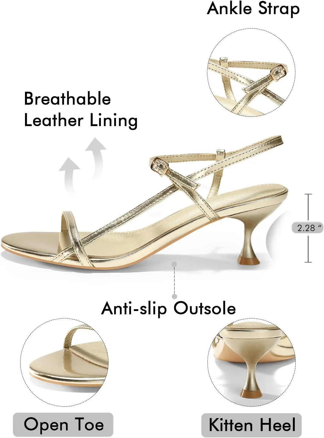 Coutgo Womens Strappy Heeled Sandals Kitten Low Heel Open Toe Ankle Strap Party Wedding Dress Shoes