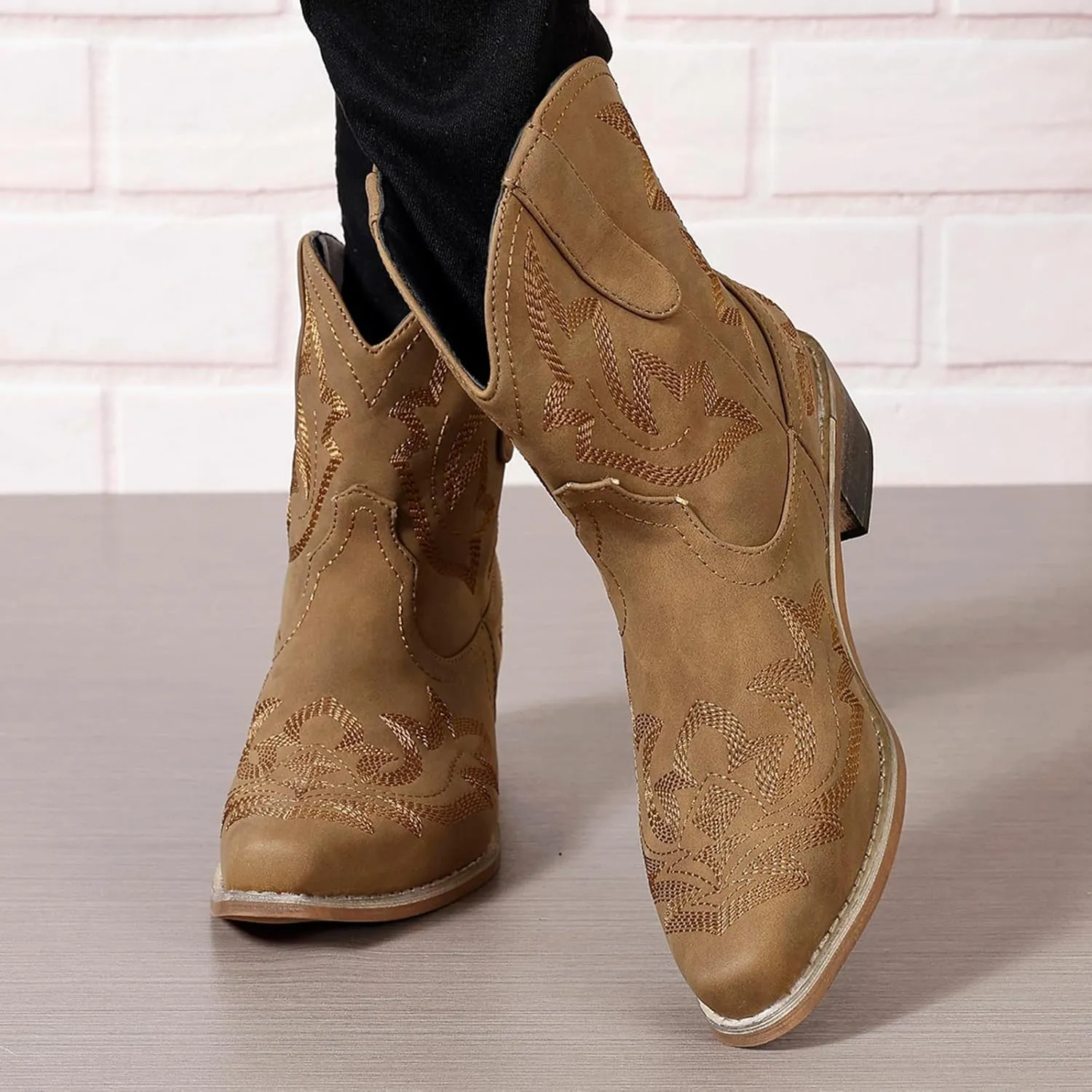 Cowboy Boots for Women Ankle Cowgirl Western Booties Stitched Embroidered Pointed Toe Classic Short Boots