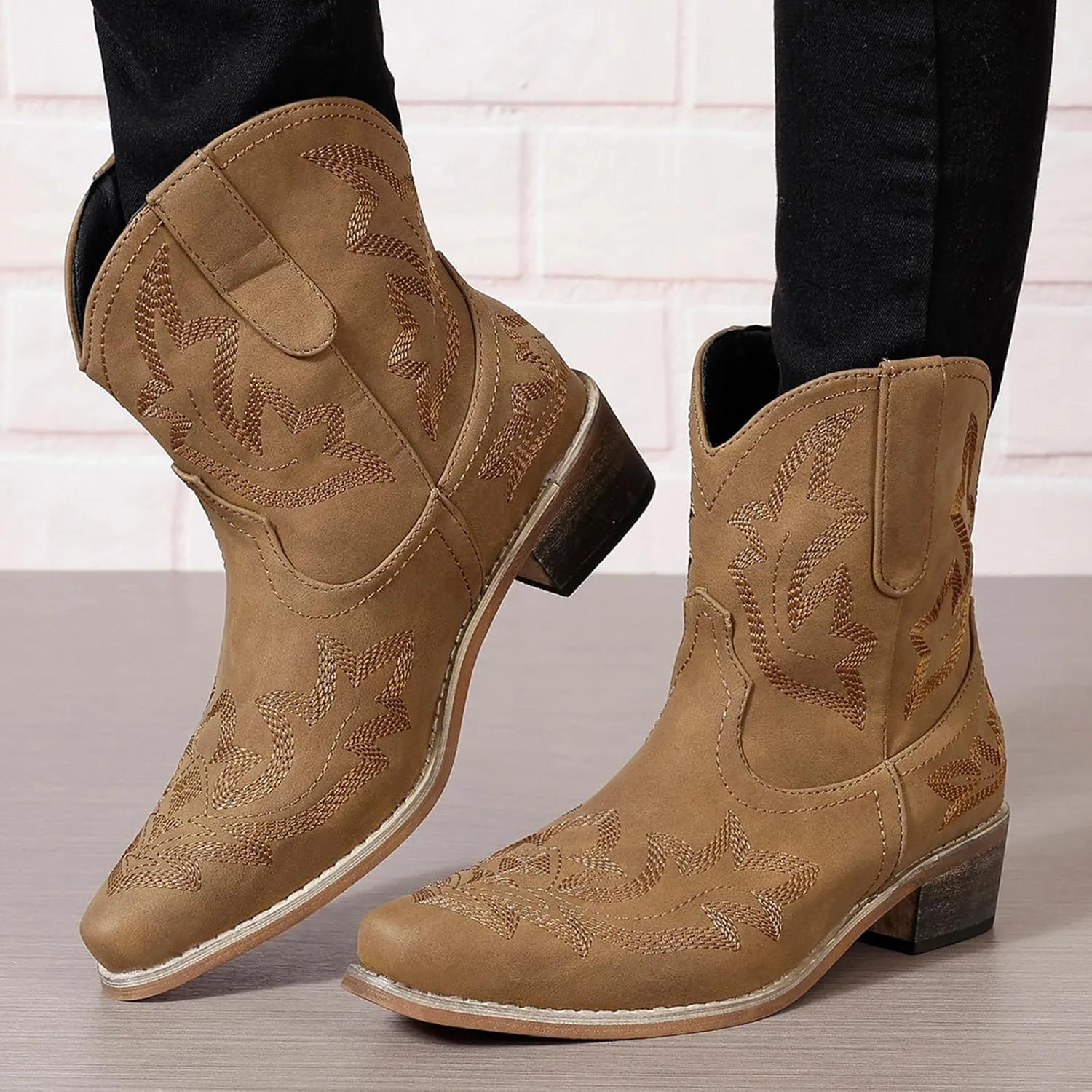 Cowboy Boots for Women Ankle Cowgirl Western Booties Stitched Embroidered Pointed Toe Classic Short Boots