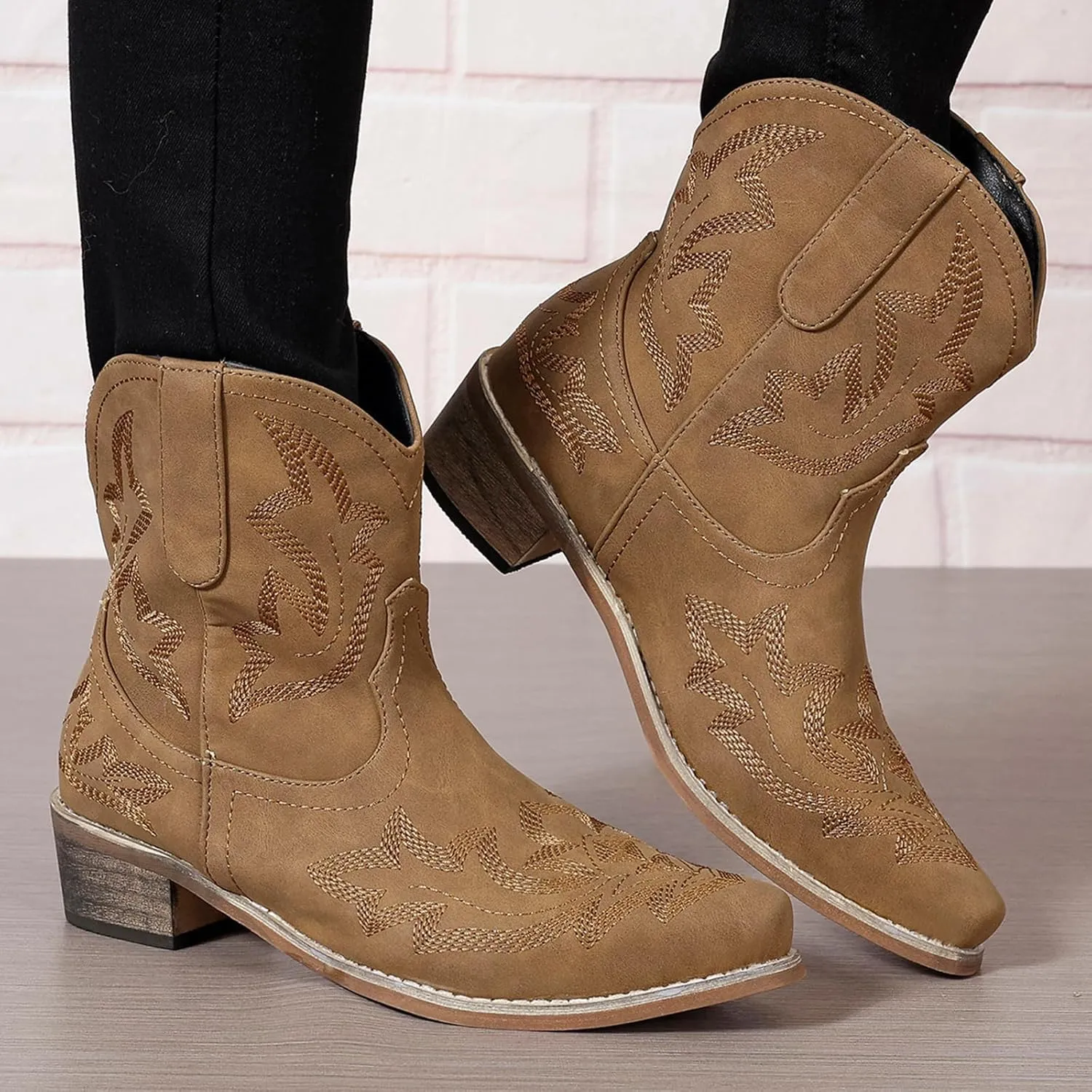 Cowboy Boots for Women Ankle Cowgirl Western Booties Stitched Embroidered Pointed Toe Classic Short Boots